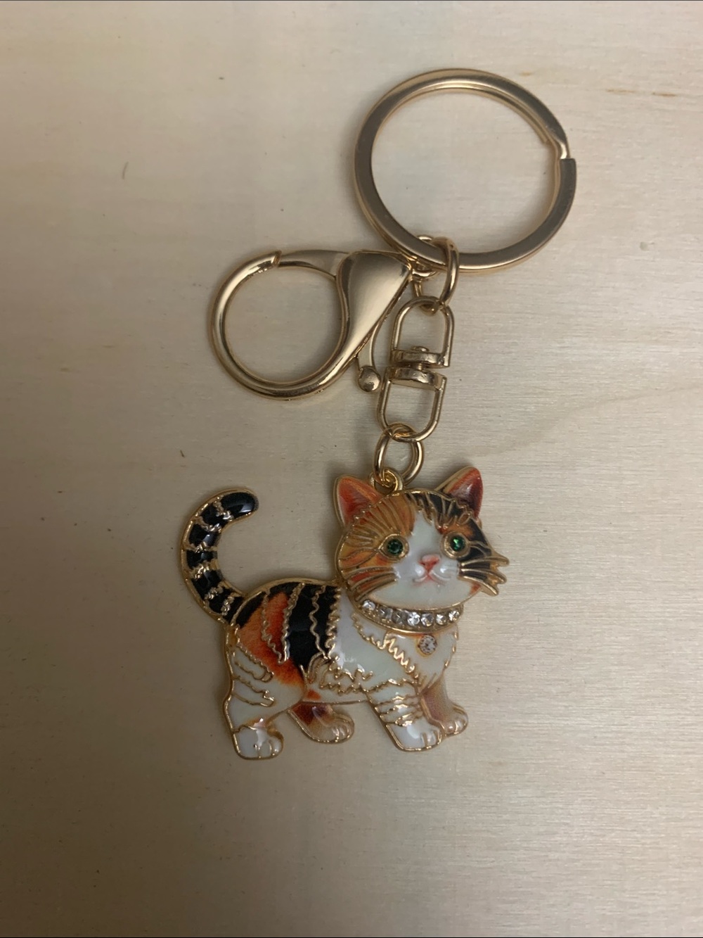 Gold-Tone Calico Cat Keychain Charm - Multicolor Enamel
